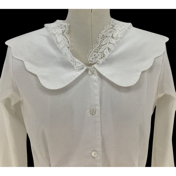 Womens Lace Collar White Blouse Long Sleeves & Button Closure by Diversity Sz P8 - Picture 5 of 9